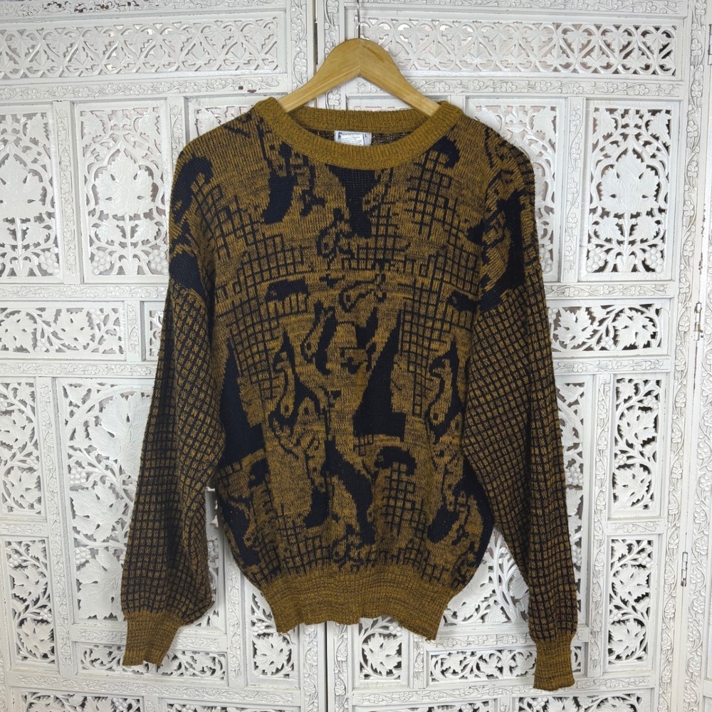 Vtg‎ Yellow & Black Crewneck Sweater Sz Womens Large Grandpa Retro Granny
